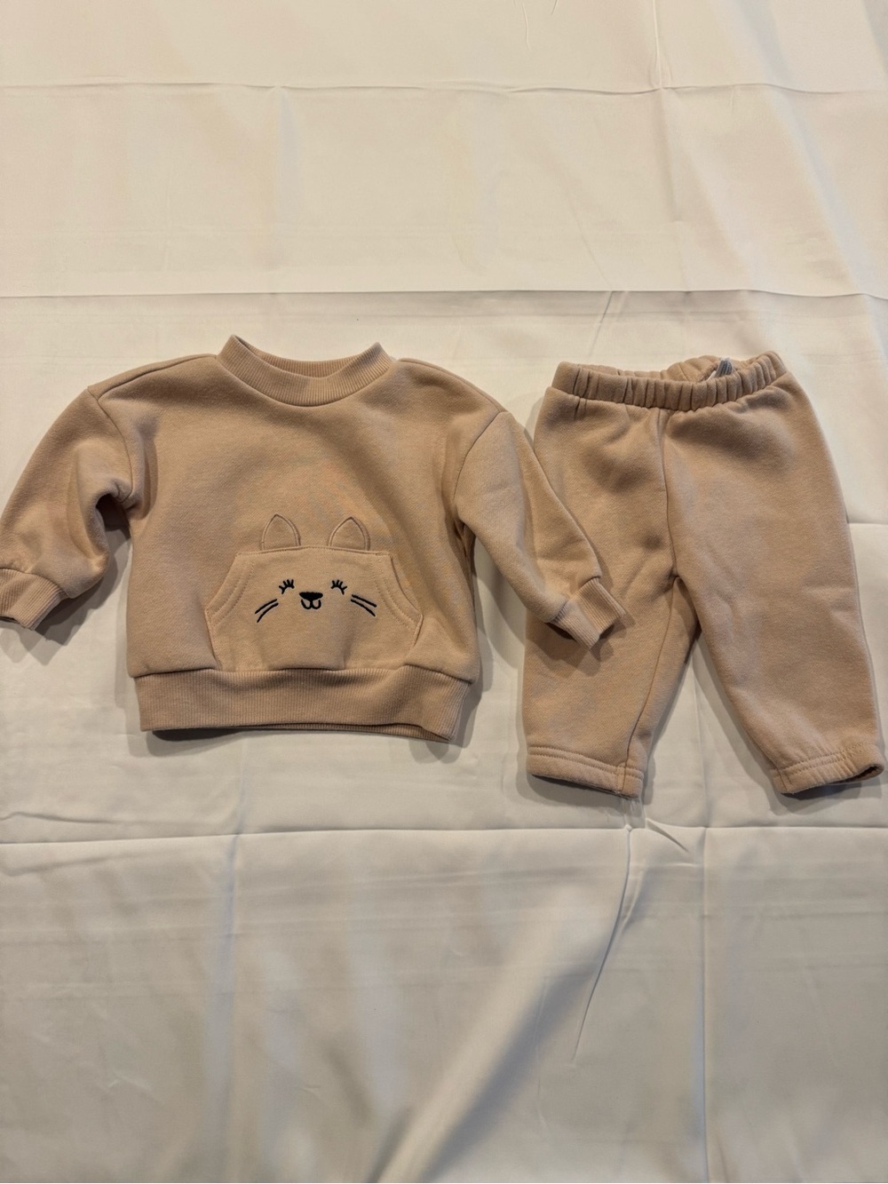 Children’s Place Baby Beige Cat Pocket Sweatshirt & Pants Set